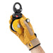 Hand model wearing a glove holding an open Petzl Spin L1D  single pulley with one-way rotation and swivel