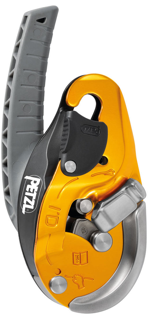 Yellow Petzl ID EVAC Self-braking descender with anti-panic function for lowering from an anchor