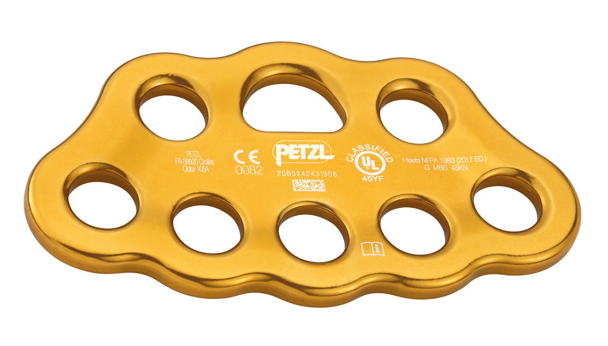 Back view of yellow Petzl Paw M rigging plate