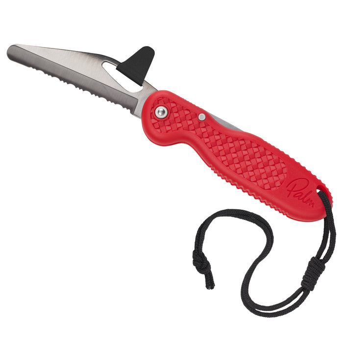 Palm Folding Knife in Red showing serrated rope cutting blade 