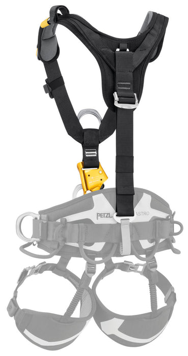 Back of Petzl TOP CROLL L Rope Access Chest Harness showing attachment to a seat harness 