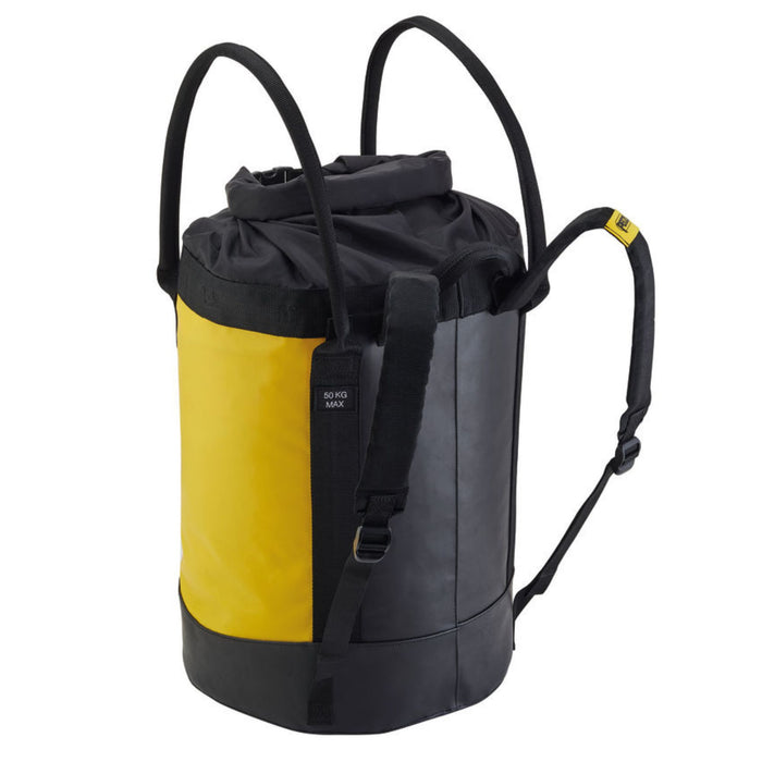 Back of the Yellow Petzl Bucket 45 Litre rope bag  showing padded shoulder pads