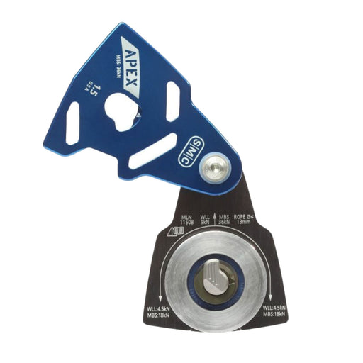 The SMC Apex Direct 1.5 pulley with its blue side plate open, revealing the sheave and locking mechanism for mid-line rope attachment