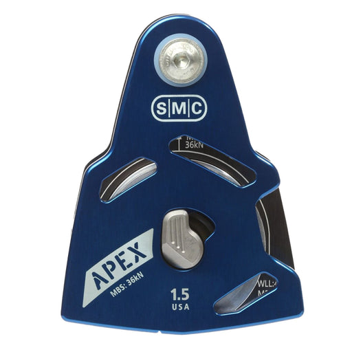 Close-up of the SMC Apex Direct 1.5 pulley showing its blue anodised side plates, sealed bearings, and engraved specifications for rope size and load ratings