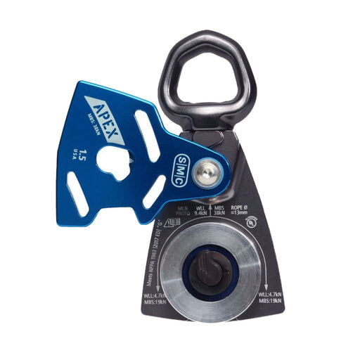 SMC Apex Swivel Pulley with the side plate open, displaying the patented triple-action locking mechanism for secure mid-line attachment.