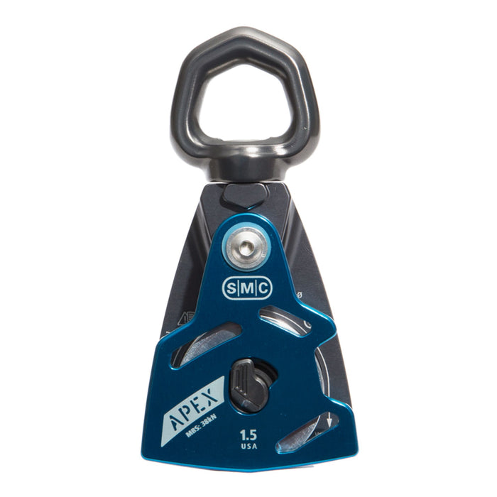 SMC Apex Swivel Pulley in a close-up view, showing its durable construction, lightweight design, and smooth aluminum sheave.