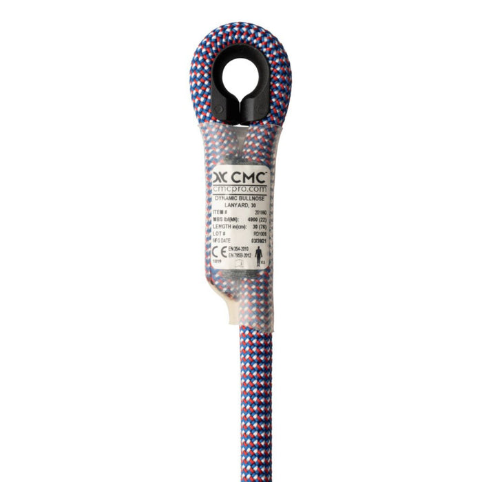 CMC Pro Bullnose Lanyard close up of stitching and heat shrink tubing view with thimbles for maintaining loop and showing CE Marked, certified to EN Standards as a Lanyard according to EN 354: 2020