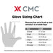 CMC Rappel Riggers Gloves Sizing Chart for x-small, small, medium, large, XL, and XLL 