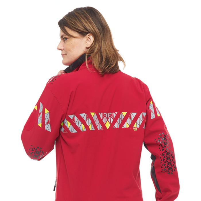 Female model wearing Courant Ark Softshell Jacket in Red showing the back of the jacket