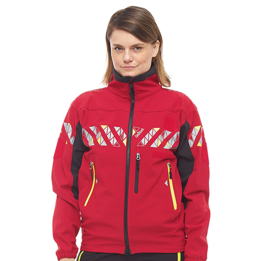 Female model wearing Courant Ark Softshell Jacket Red 