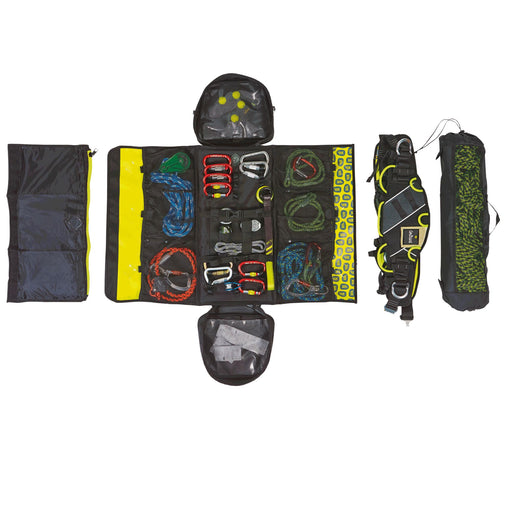 Courant Cross Pro Rope Bag in lemon filled with climbing and rescue equipment and ropes