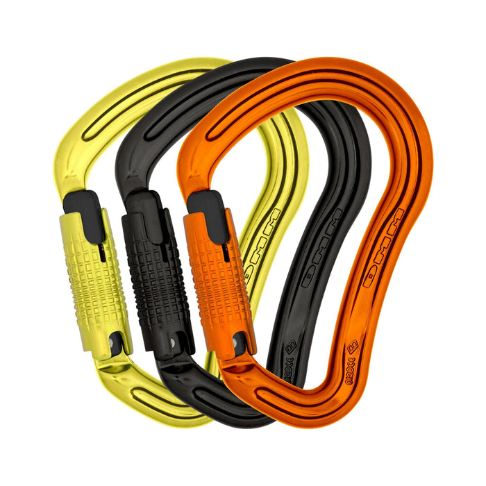 3-Pack of Boa HMS Locksafe carabiners with a lime green, black and orange carabiner