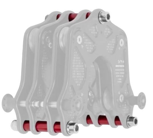 Illustration of the DMM Keanu Trolley Joining Kit with red spacers and precision-engineered connectors for securely linking multiple trolley units in rigging systems