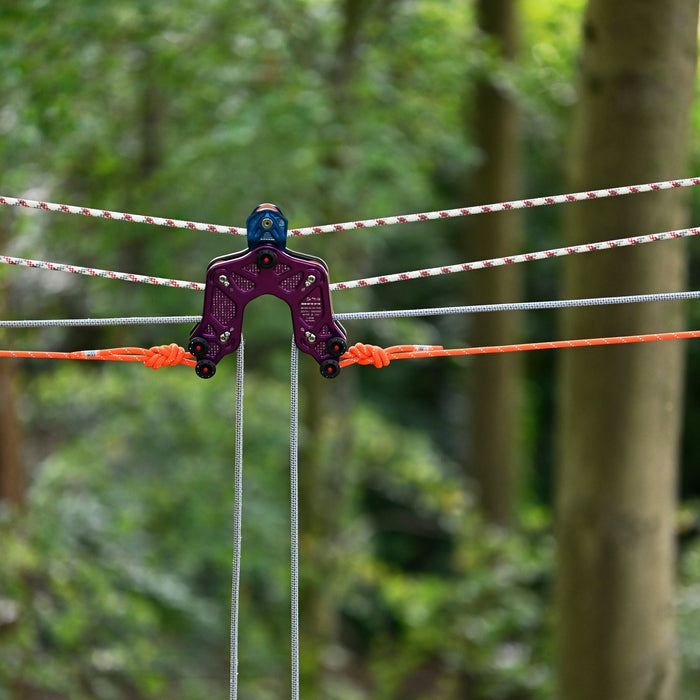 Purple DMM Keanu Trolley with integrated blue Gyro Pulley, rigged with multiple ropes in a tree work setup, demonstrating secure and versatile rigging configuration