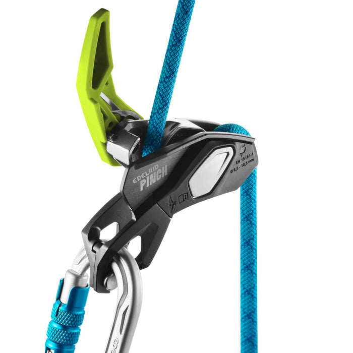 Edelrid Pinch Belay Device with rope and carabiner 