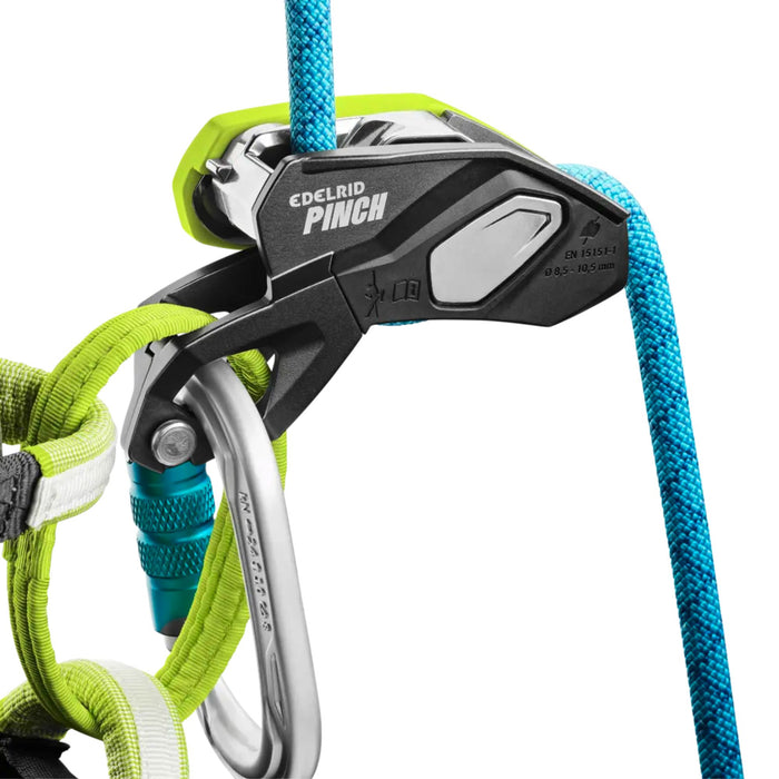 Edelrid Pinch Belay System in use with rope, webbed loops and a carabiner 