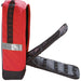 Side open view of Edelrid PPE 45 litre backpack in Red and black with reflective stripe on the sides, open view showing storage options 