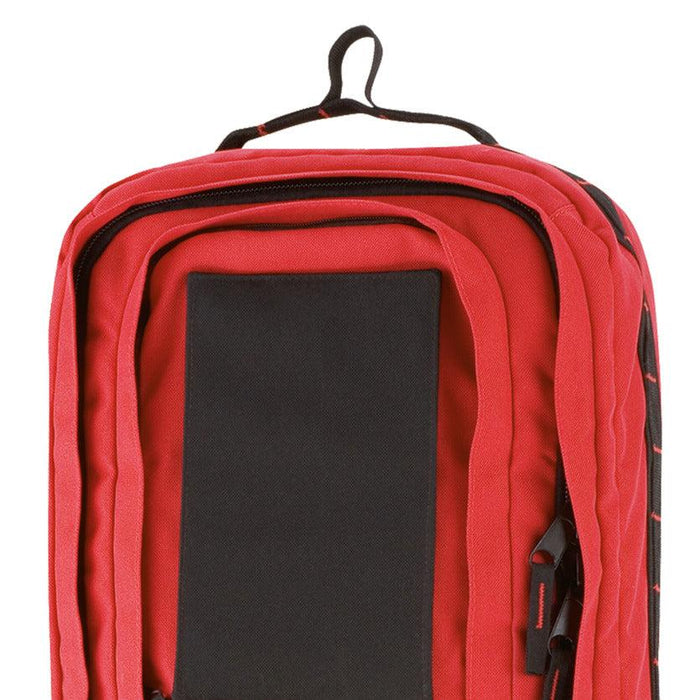 Front top view of Edelrid PPE 45 litre backpack in Red and black 
