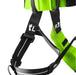 Close up of the Left and Right Leg Loops and Labels.  Green loop for Right leg and Black Loop for left leg on the  Edelrid Radialis Comp Full Body Harness 