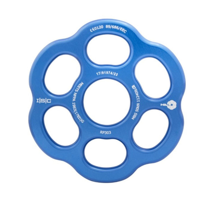 Blue ISC HALO Rigging Plate (Medium), highlighting six attachment points and engraved specifications.