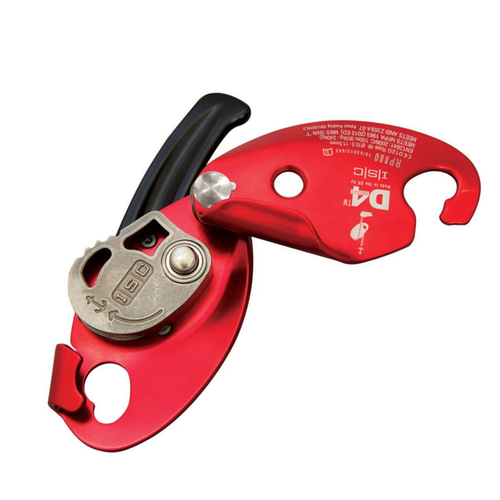 Open view of the ISC D4 Rescue Descender showing its internal cam mechanism and ergonomic design, highlighting precision engineering for safe and controlled rope descents.