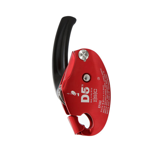 Close-up view of the ISC D5 Work/Rescue Descender in red, featuring its ergonomic handle and detailed specifications engraved on the body.