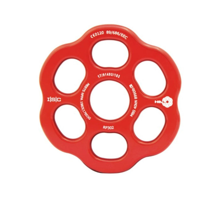 Red ISC HALO Rigging Plate (Small) with six attachment points and precise technical engravings.