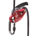 Red ISC D4 Descender shown with a black rope and carabiner, highlighting its ergonomic design, progressive cam action, and safety features for work and rescue.