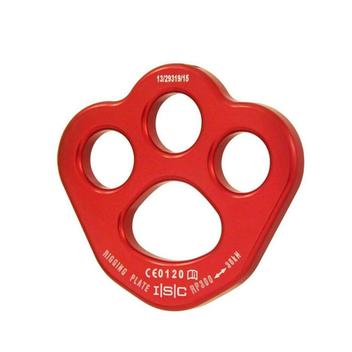 Red ISC small rigging plate showcasing a compact design with multiple attachment points, perfect for lightweight rigging and restricted spaces.