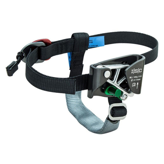 ISC Stryder Right Foot Ascender with adjustable straps, stainless steel cam, and compact design, providing secure and efficient rope climbing performance