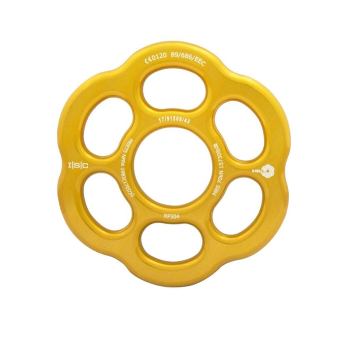 Yellow ISC HALO Rigging Plate (Large), showcasing six attachment points and engraved technical specifications.