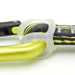 Close-up of a yellow carabiner, branded with "Kong", attached to a dark gray strap with white and yellow stitching. The strap is secured with a transparent rubber loop.