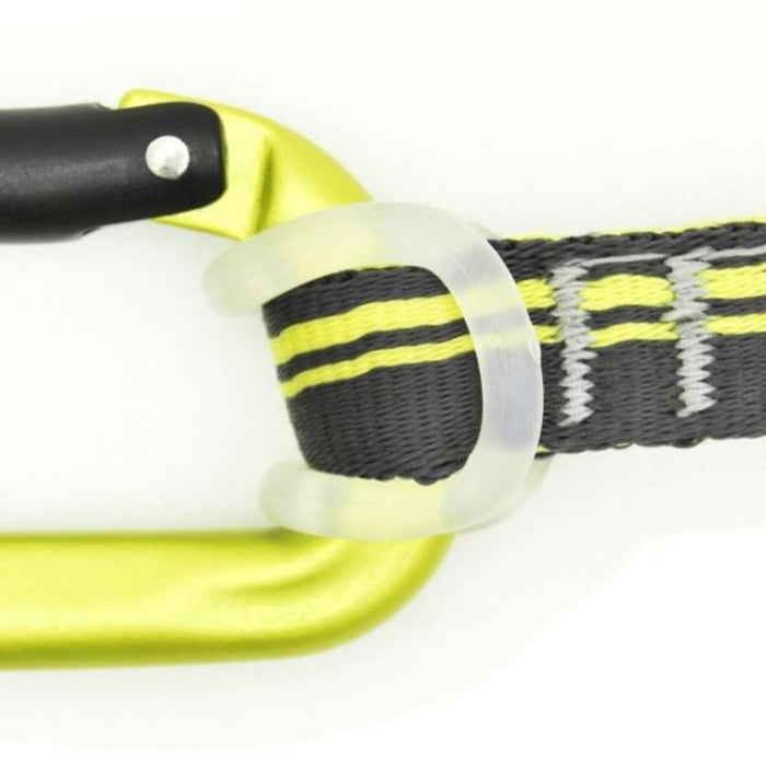 Close-up of a yellow carabiner, branded with "Kong", attached to a dark gray strap with white and yellow stitching. The strap is secured with a transparent rubber loop.