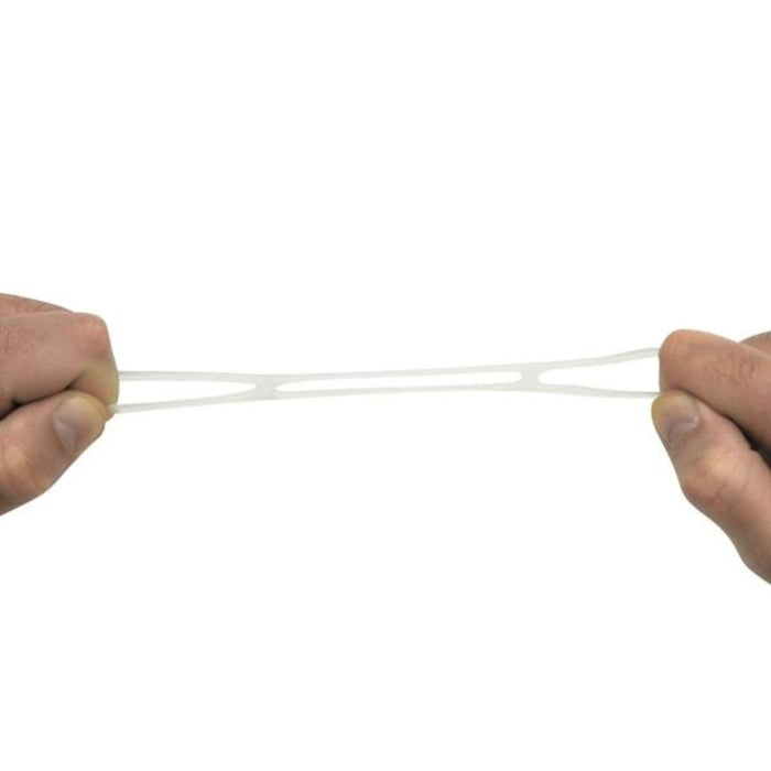 Two hands stretching a thin, white Kong Fast Rubber band against a plain white background.