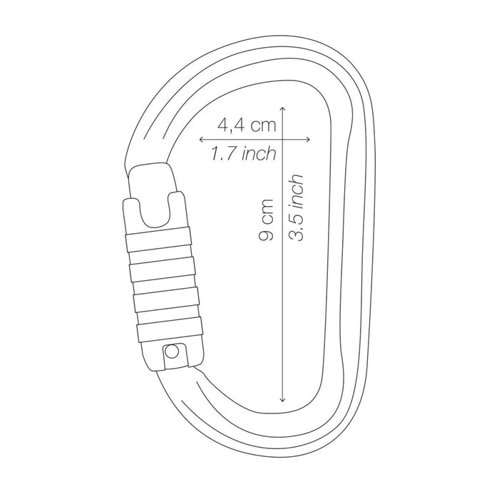 Petzl Am'D Lightweight Asymmetrical  Carabiner line drawing showing dimensions length 9cm and width 4.4 cm