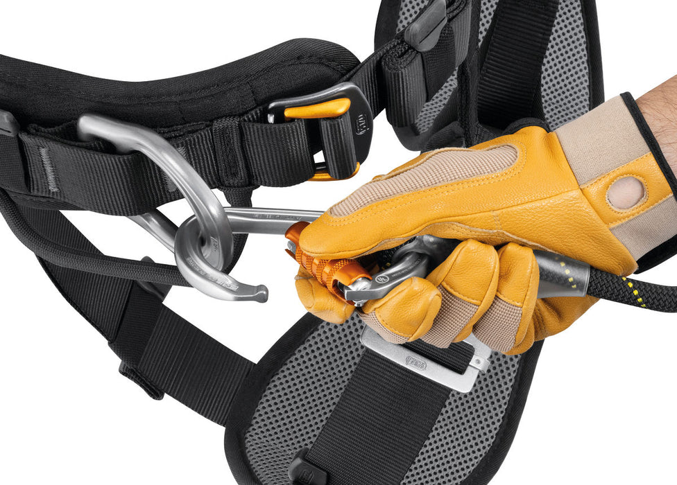 PEtzl Astro Bod Fast EU Harness showing two side metal attachment points make it easy to rack your equipment, and they fold down to avoid being snagged when
not in use.