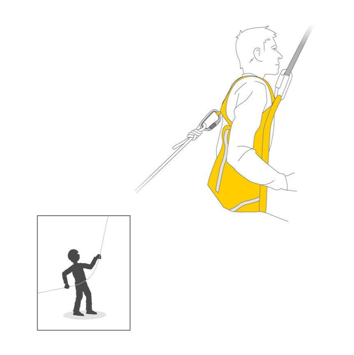 Diagram showing tt’s possible to connect a tag line at the rear of the Petzl Pitagor evacuation triangle harness in order to orient the evacuee when arriving at the ground.