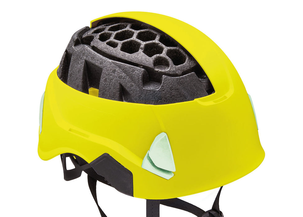 PEtzl Strato Hi-Viz Helmet liner is designed in two parts: EPP (expanded polypropylene) and EPS (expanded polystyrene) for reduced weight.