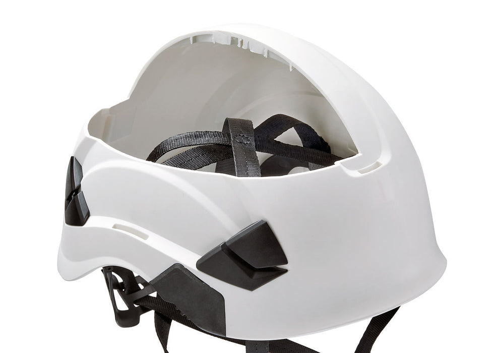 Inside the Petzl Vertex White Helmet showing the six-point webbing suspension system which adapts to the shape of the head to provide maximum comfort.