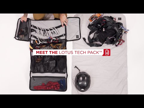 Product video of theCMC  Lotus Pack showing the different compartments of the bag with rescue ropes, carabiners and safety gear and equipment and model wearing it