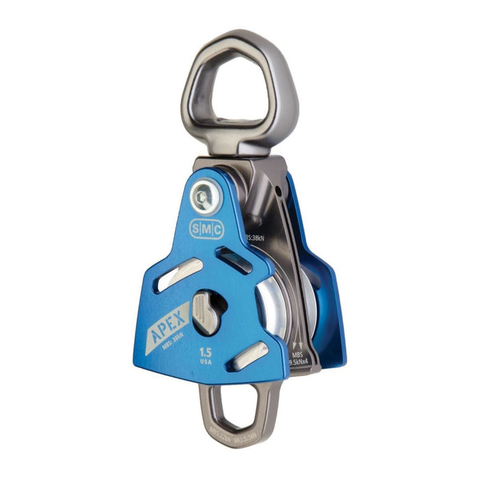 The SMC Apex 1.5 Double Swivel Pulley, featuring a blue and silver design with dual parallel sheaves, a robust swivel eye, and a bottom becket for advanced rigging systems