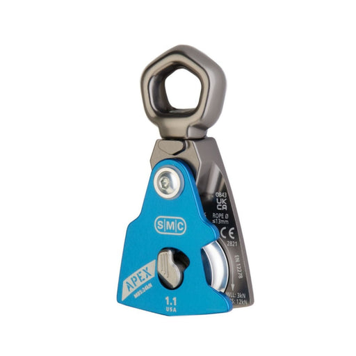 SMC Apex 1.1 Swivel Pulley with closed blue side plate and durable aluminium swivel eye, optimised for carabiner integration and rope management.