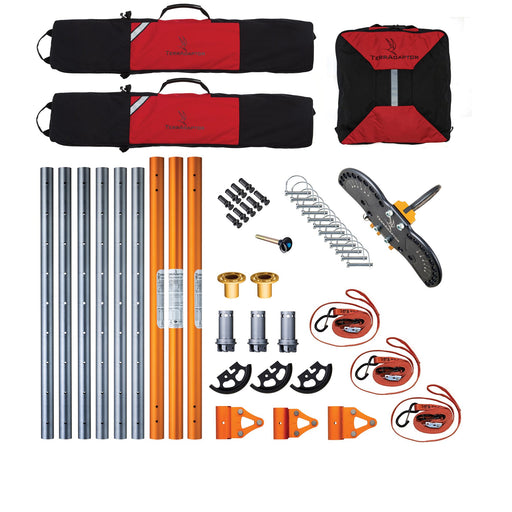 SMC TerrAdaptor Multipod System full kit contents, including aluminium tubes, rocker feet, orange rigging plates, red hobbles, bolts, lash rings, and storage bags for versatile rescue configurations.