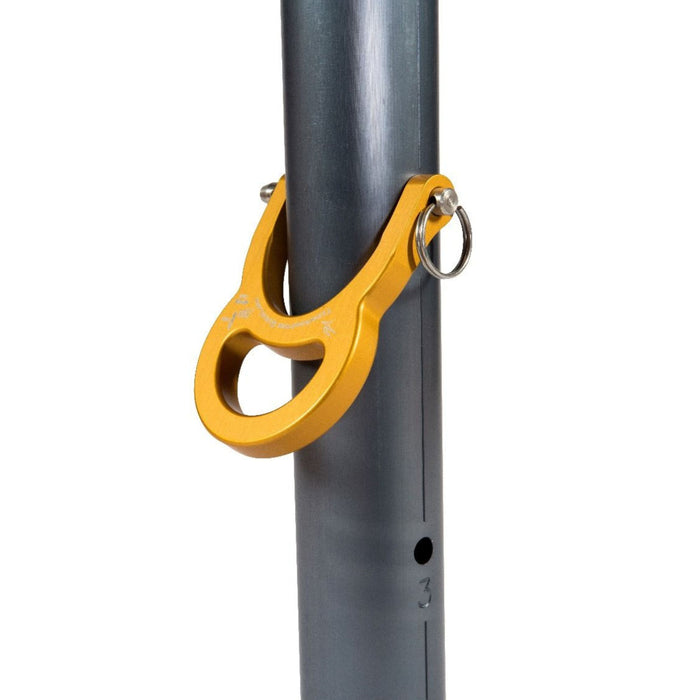 SMC QuickLash attached to a TerrAdaptor Perf tube, showcasing its gold aluminium design and secure stainless steel speed pin for auxiliary rigging