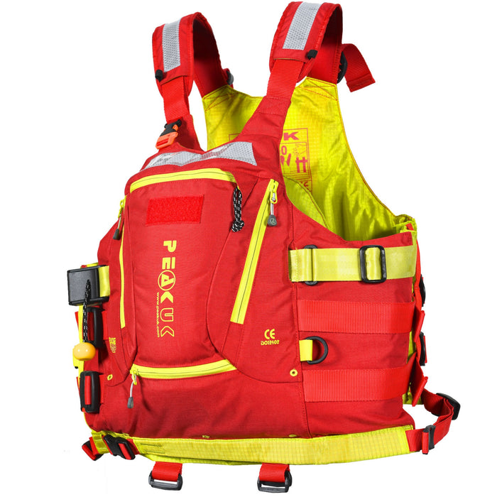 WRS Rescue Wrap PFD in red and lime showing front and left side