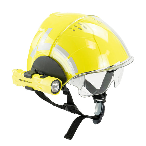 WRS Technical Rescue Helmet in High Viz Yellow with Internal and External Visor and accessory Peli light attached to right side mount