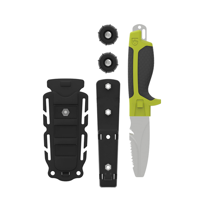 Gear Aid Tanu Green Dive and Rescue Knife with Quick Release Sheath and optional BCD adaptor to mount the knife to your scuba gear for easy access underwater. 