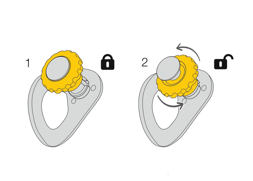 Locking illustration of the Petzl Coeur Pulse 12mm Anchor showing manual screw-lock function limits the risk of involuntary removal.