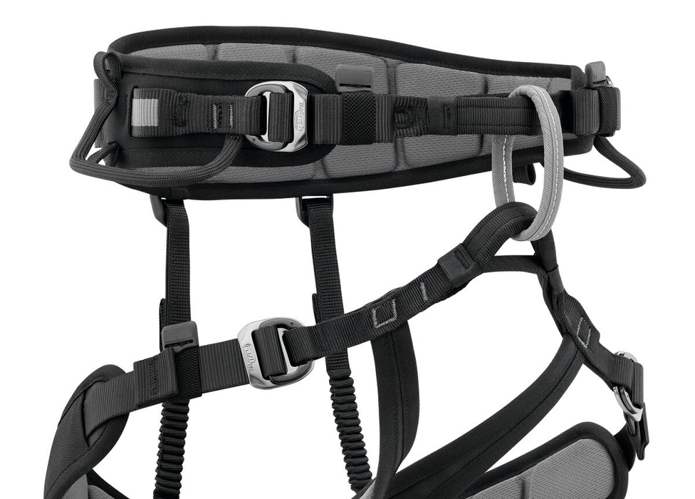 Close up of Petzl Falcon Mountain Rescue Harness showing Waistbelt and leg loops equipped with small self-locking DOUBLEBACK buckles for quick and easy adjustment.